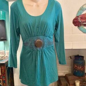 VINTAGE 90'S Y2K VERTIGO PARIS TEAL TUNIC TOP W/ METAL WAIST MEDALLION S